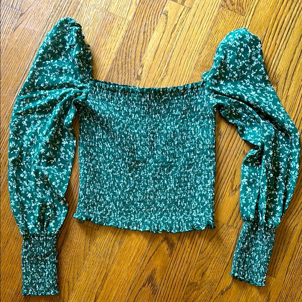 Reformation Green Floral Puff Sleeve Top